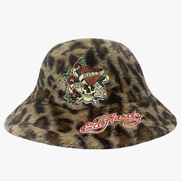 Ed Hardy Y2K Leopard Print Faux Fur Love Kills Slowly Boho Bucket Hat - Picture 3 of 3